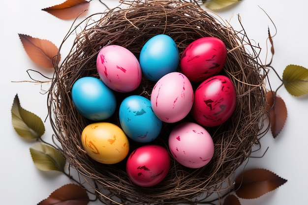 Colorful dyed Easter eggs snuggle in a birds nest