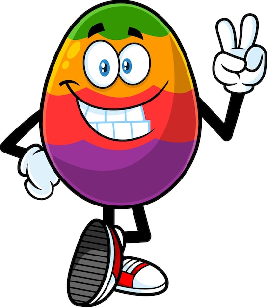 Colorful Easter Egg Cartoon Character Showing Victory Hand Sign. Vector Illustration