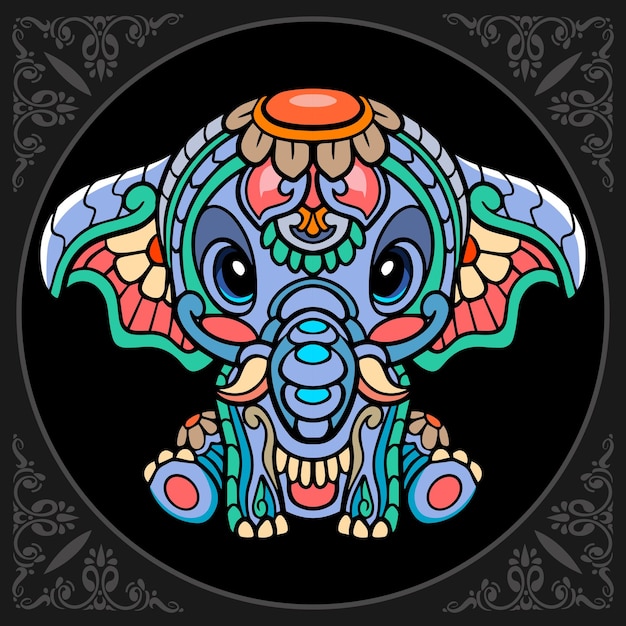 Colorful elephant zentangle arts isolated on black background