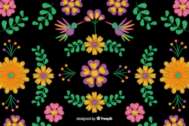 Vector colorful embroidery mexican floral background