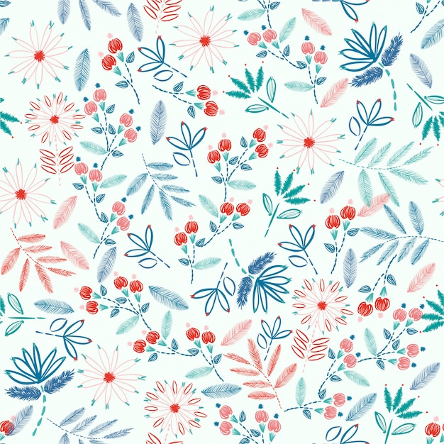 Colorful Embroidery Seamless pattern with liberty small flowers decoration vector illustration. hand drawn elements. design for Home decor, fashion, fabric, wrapping, wallpaper and all prints