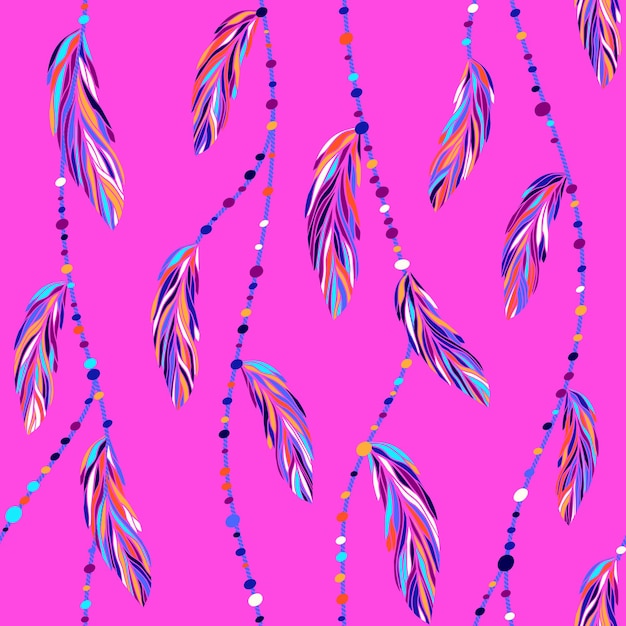 Colorful exotic tropical bird feathers boho threads and beads seamless vector pattern