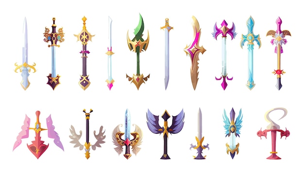 Colorful Fairy Tale knight swords weapon. Cartoon set of fantasy different kind of swords.Flat style