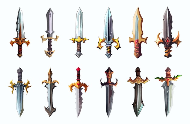 Vector colorful fairy tale knight swords weapon for game interface. vector cartoon set of fantasy metal