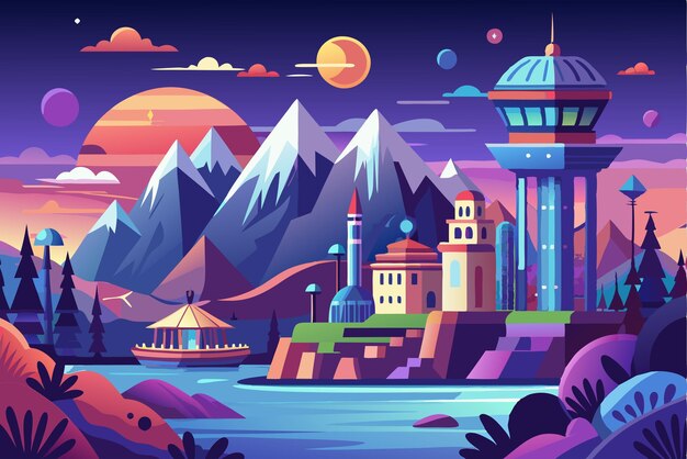 Vector a colorful fantasy landscape with a tower mountains and a boat