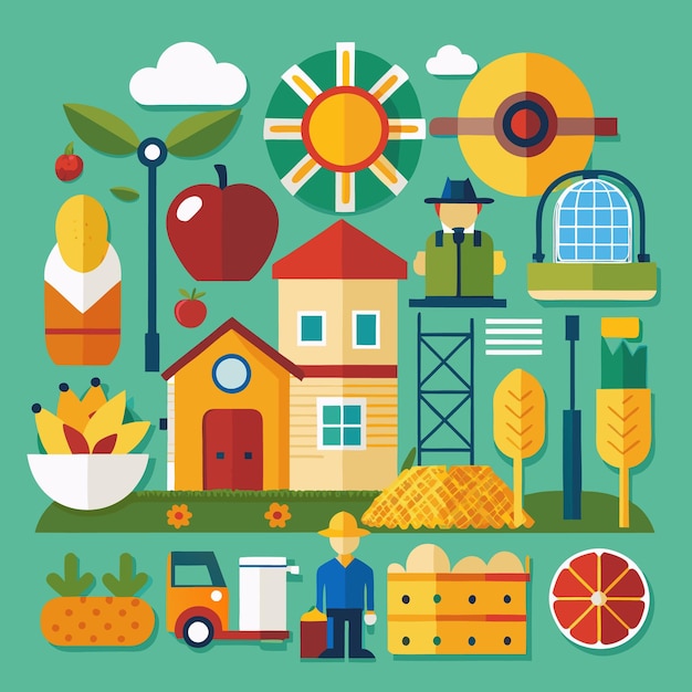 Colorful Farm Illustration with Cartoon Icons