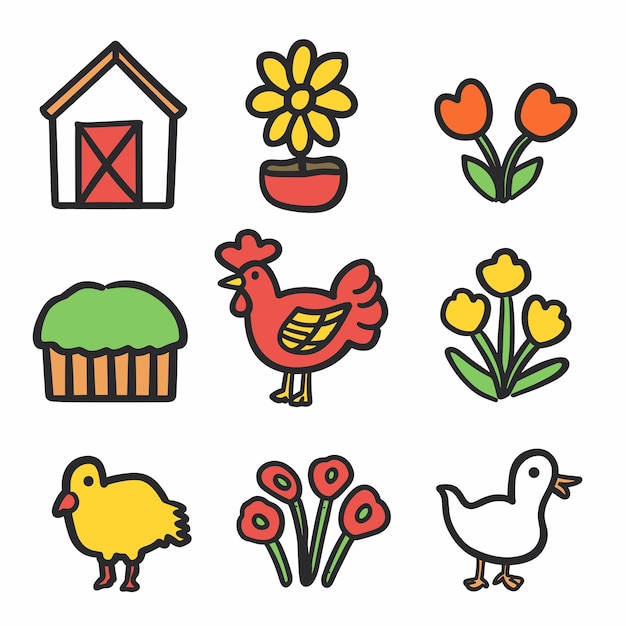 Colorful farmthemed vector icons set featuring barn flower pot tulips pie chicken chick