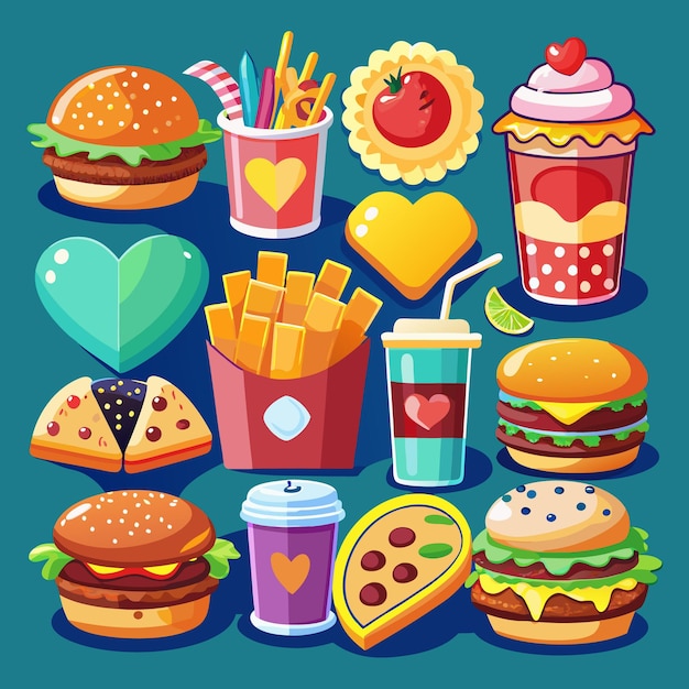 Vector colorful fast food icon set with burgers pizza fries and drinks