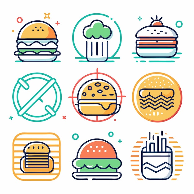 Colorful Fast Food Icons Featuring Burgers Drinks and Desserts