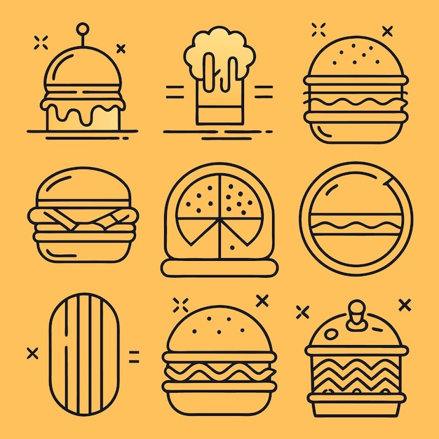 Colorful Fast Food Icons Featuring Burgers Drinks and Desserts