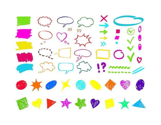 Colorful felt tip pen shapes lines comic conversation balloons Collection of hand drawn elements