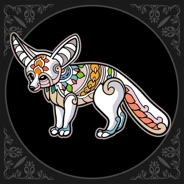 Colorful fennec fox mandala arts isolated on black background