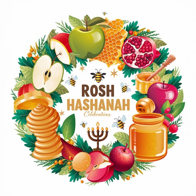 Colorful and festive illustration styled in a circular layout celebrating Rosh Hashanah