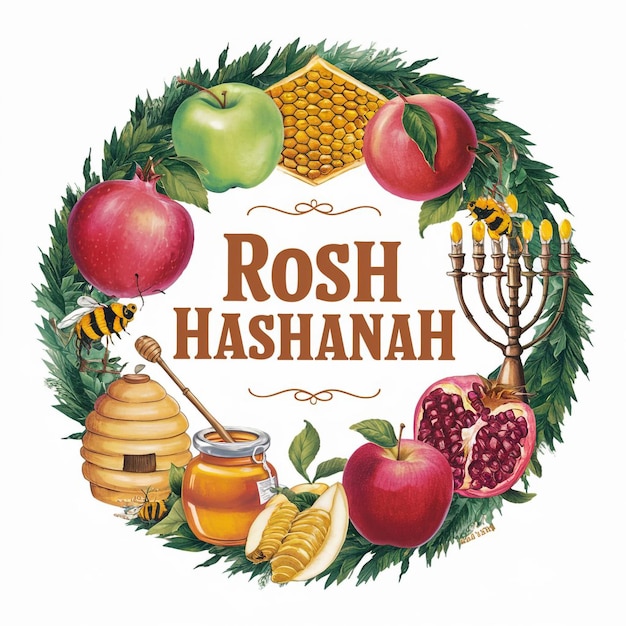 Colorful and festive illustration styled in a circular layout celebrating Rosh Hashanah