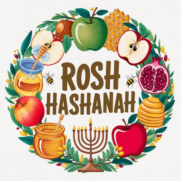 Colorful and festive illustration styled in a circular layout celebrating Rosh Hashanah