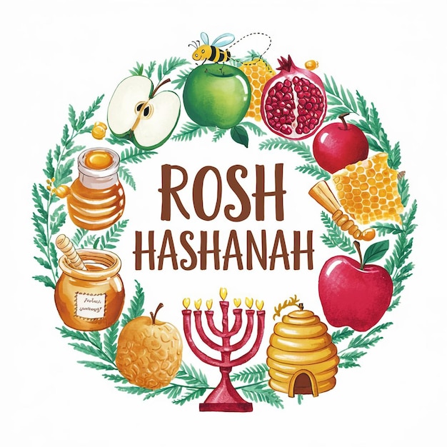 Colorful and festive illustration styled in a circular layout celebrating Rosh Hashanah