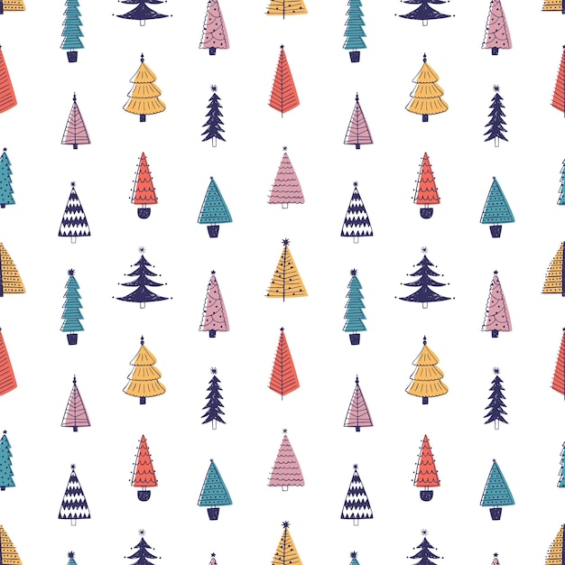 Colorful fir trees hand drawn vector seamless pattern. Multicolor xmas trees on white background. Abstract holiday themed texture. Christmas wrapping paper, floral textile, wallpaper design.