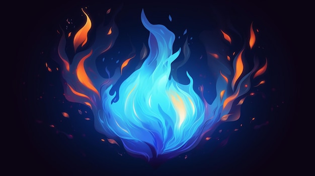 a colorful fire with the words fire and blue flames