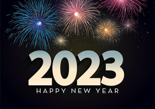 Colorful fireworks 2023 New Year vector illustration bright on dark blue background