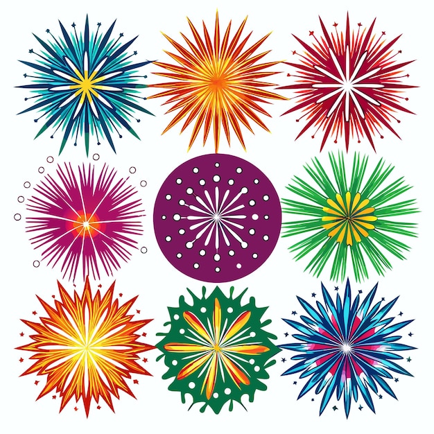 Colorful fireworks celebration set isolated on white background