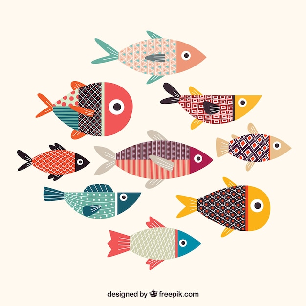 Colorful fishes collection with texture