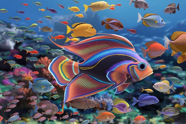 a colorful fishes is swimming in a tank with many tropical fish