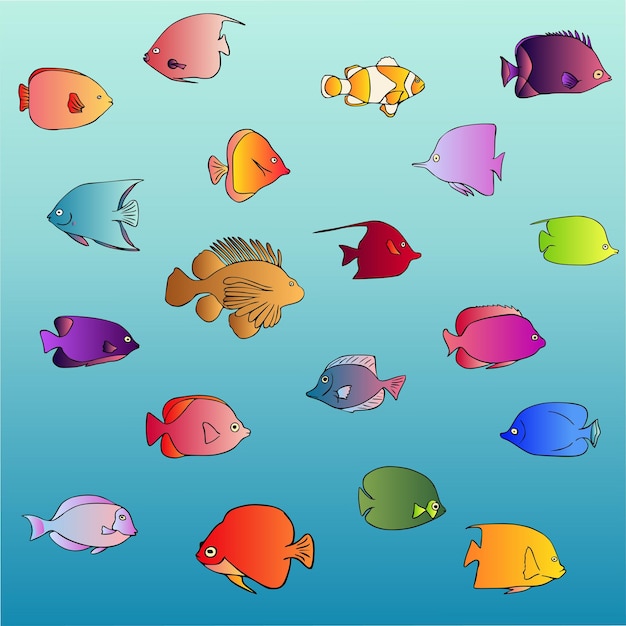 Colorful fishes marine life vector set