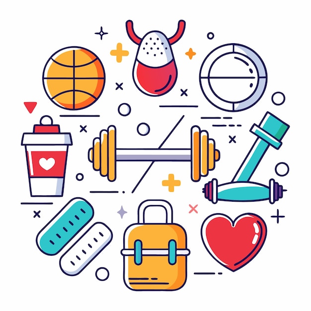 Vector colorful fitness icons with dumbbells basketball heart water bottle and other symbols