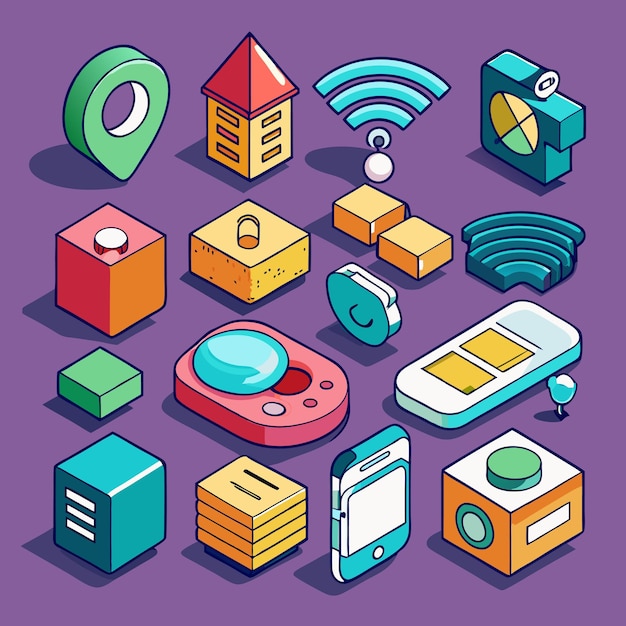 Colorful Flat 3D Icons Digital Hand Drawn Set