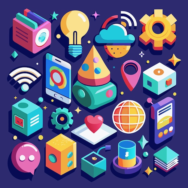 Vector colorful flat 3d icons digital hand drawn set