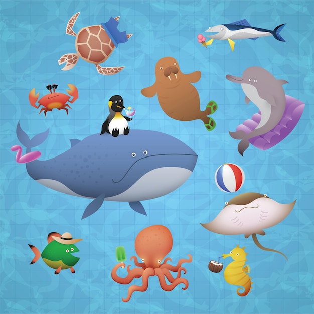 Vector colorful flat cartoon illustration of marine animals having fun at the pool