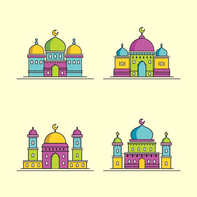 Colorful flat cartoon mosque illustration vector bundle