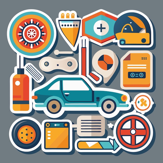 Colorful flat design car service icons with a blue car in the center