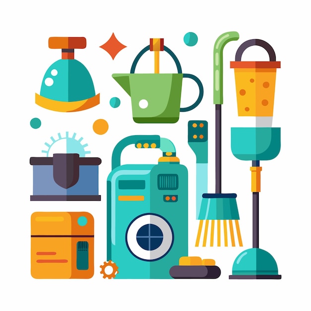 Vector colorful flat design icons for household cleaning equipment