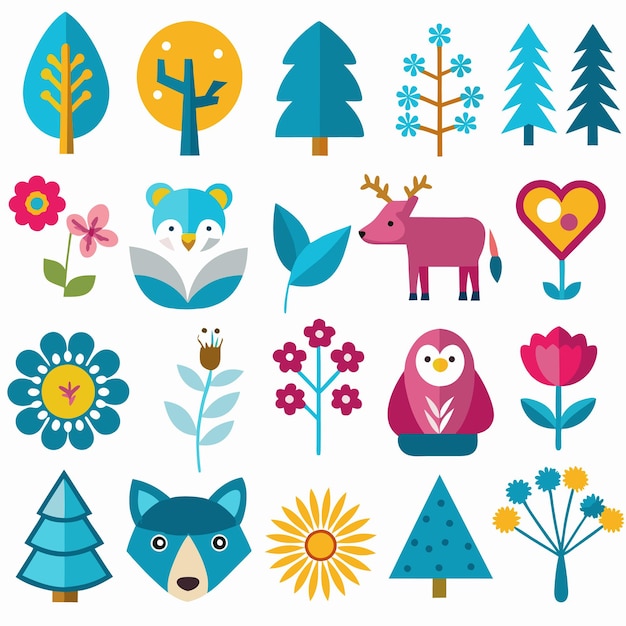 Colorful flat design icons of nature animals and flowers