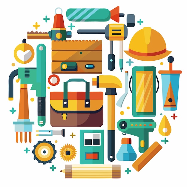 Colorful flat design icons of tools and construction equipment arranged in a circle