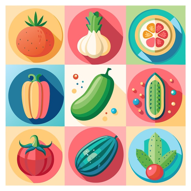 Colorful Flat Design Icons with Vegetables