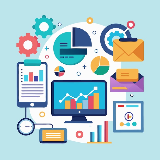 Colorful flat design illustration of business and finance analytics and process management with charts graphs data email and gears