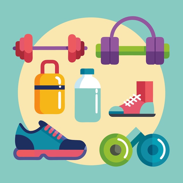 A colorful flat design illustration featuring a set of fitness equipment including dumbbells a barbell a water bottle a kettlebell running shoes and a skipping rope