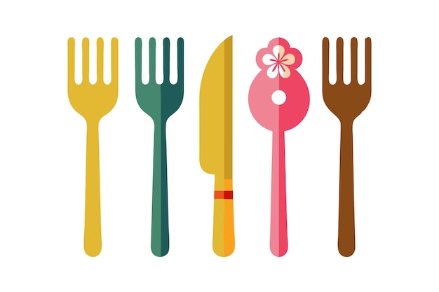 Colorful flat design illustration of kitchen utensils including forks knife and spoon on a white background