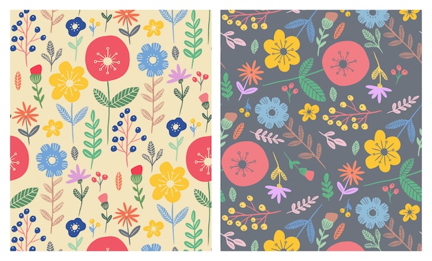 Colorful flat flowers seamless patterns set