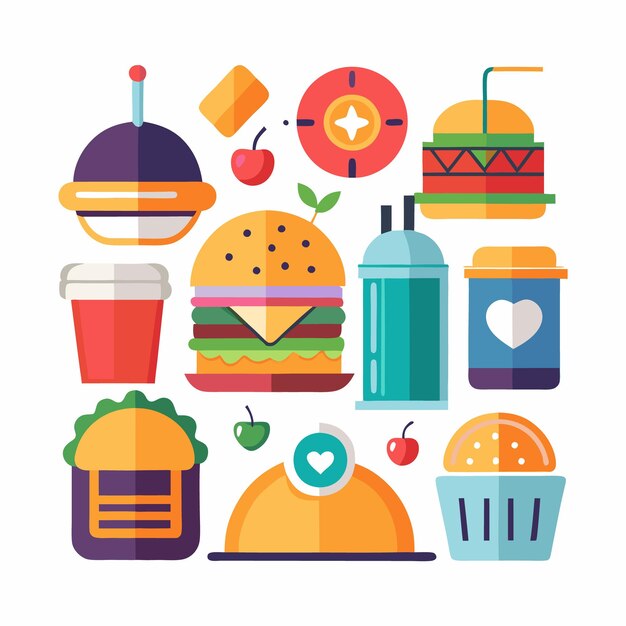 Colorful Flat Icons of Food and Drinks