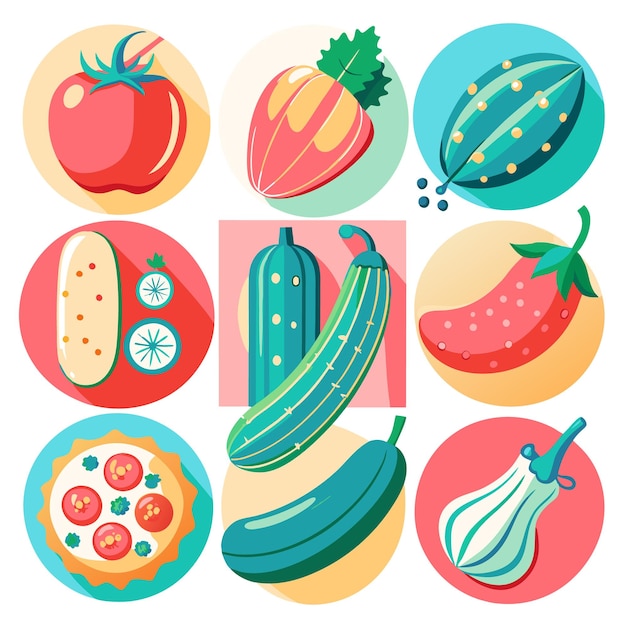 Colorful flat icons of fresh vegetables with a long shadow