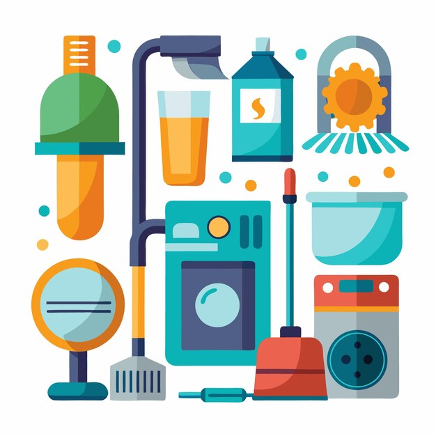 Vector colorful flat icons of household appliances and cleaning supplies