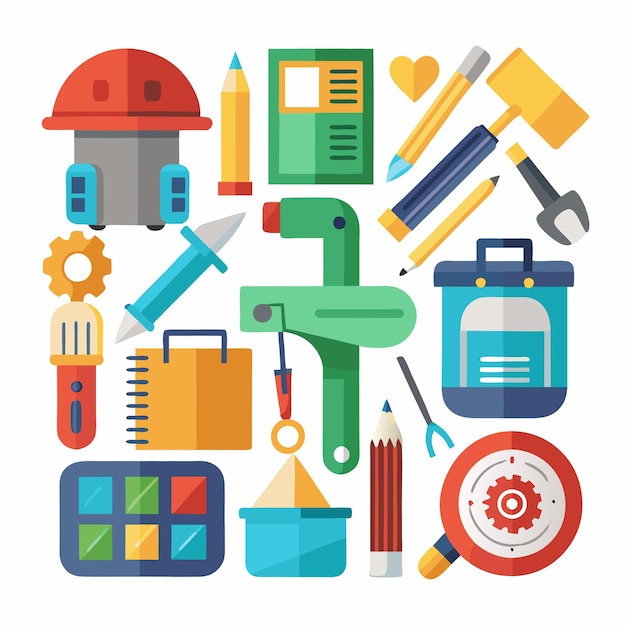 Vector colorful flat icons of various tools objects and supplies for crafting drawing and construction