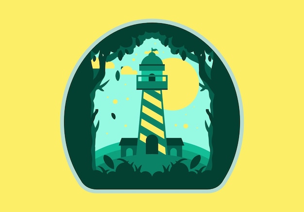 Colorful flat illustration of lighthouse in the forest