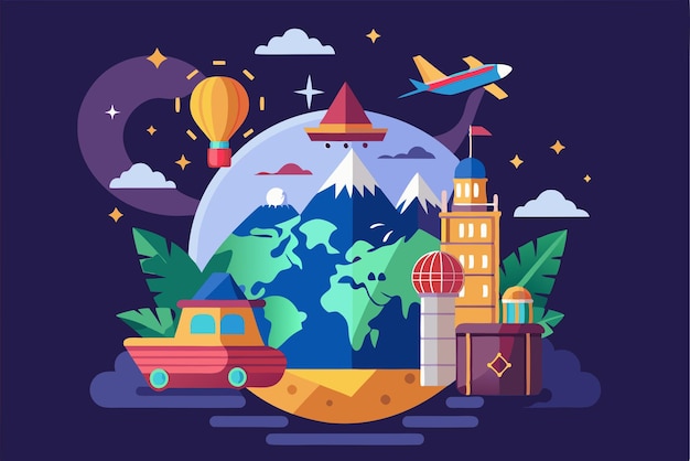 Vector colorful flat illustration of travel around the world