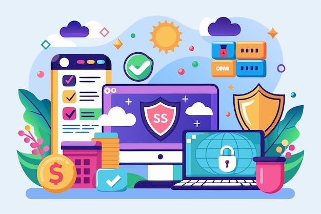 Colorful flat illustrations depict devices symbolizing SSL security highlighting features and protection Creative concept for SSL with flat illustrations