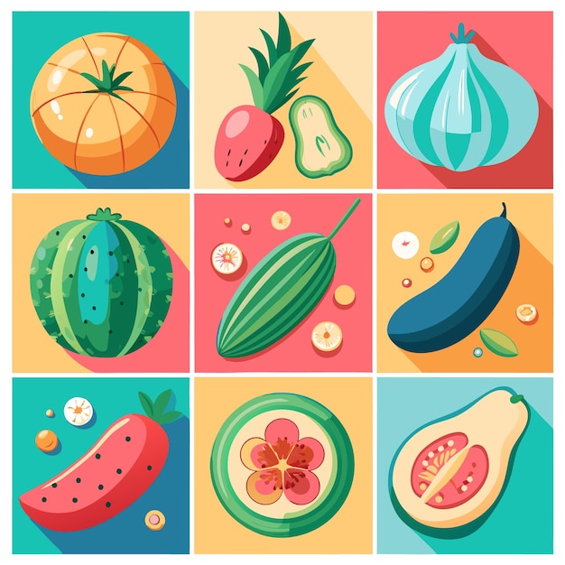 Colorful flat lay of various fruits and vegetables with long shadows