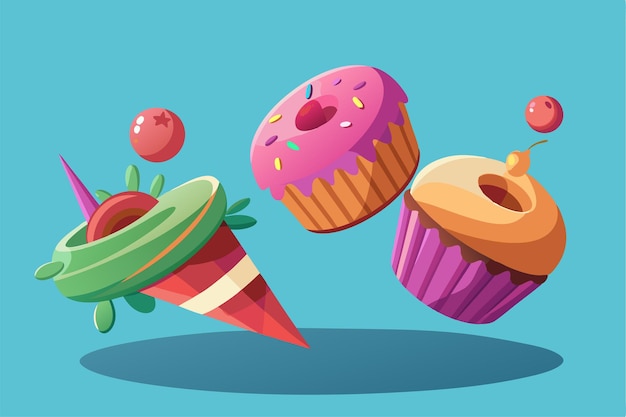 Vector colorful floating desserts with cupcakes and donuts